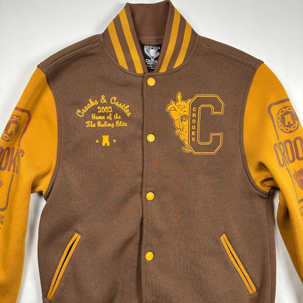 Crooks & Castles Mens Varsity Bomber Jacket Brown Yellow Graphic‎ Medium